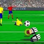 Focipálya ábrázolása két játékossal, egy labdával és kesztyűs kézzel a középpontban