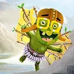 Egy zöld goblin repül házi készítésű szárnyakkal hegyvidéki táj felett, miközben egy léghajó lebeg mögötte