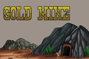 Hegyekkel és egy bányabejárattal rendelkező táj, amely fölött nagy arany színű betűkkel a GOLD MINE felirat látható