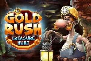 Rajzolt bányász lámpával egy barlangban, mellette Gold Rush Treasure Hunt felirat