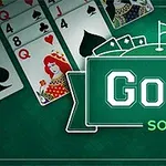Kártyalapok királynővel és ászokkal egy zöld háttéren, Golf Solitaire felirattal