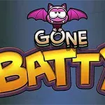 Rajzfilm stílusú, vigyorgó denevér lebeg a Gone Batty felirat felett