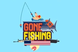 Egy ember horgászik a csónakban, amelyen a GONE FISHING felirat olvasható, alatta egy cápa sziluettje és egy fegyver látható