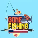 Egy ember horgászik a csónakban, amelyen a GONE FISHING felirat olvasható, alatta egy cápa sziluettje és egy fegyver látható