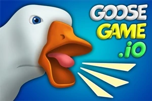 Egy fehér liba nyitott csőrrel áll kék háttér előtt, mellette színes GOOSE GAME 