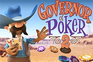 Egy rajzfilmfigurás cowboy kék kalapban kártyalapokat tart a kezében, mellette pókerzsetonok hevernek, mögötte sivatagi táj látható