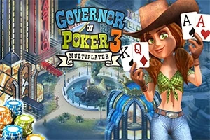 Egy rajzolt női figura cowboy kalapban, pókerkártyákkal és kaszinó háttérrel