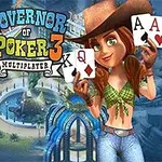Egy rajzolt női figura cowboy kalapban, pókerkártyákkal és kaszinó háttérrel