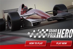 Formula-1-es autó egy versenypályán, mellette How to Play és Play Now gombok