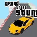 Egy sárga sportautó látható egy versenypályán, a háttérben grand theft stunt felirattal