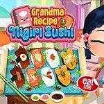 Rajzfilmszerű kislány mosolyogva áll egy tálca sushi mellett, miközben egy telefonos app is látható