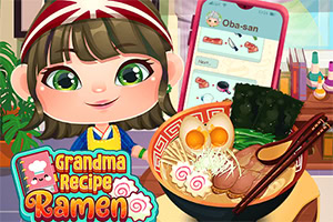 Rajzfilm stílusú figura ramen levest készít egy tányérban, mellette színes írás és telefon látható