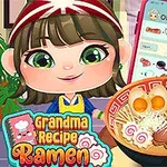 Rajzfilm stílusú figura ramen levest készít egy tányérban, mellette színes írás és telefon látható