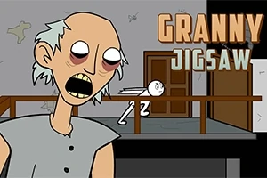 Rajzolt, kócos hajú, fáradt kinézetű karakter és egy fehér, elájult emberi figura egy ház belső terében, Granny Jigsaw felirattal