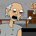 Rajzolt, kócos hajú, fáradt kinézetű karakter és egy fehér, elájult emberi figura egy ház belső terében, Granny Jigsaw felirattal