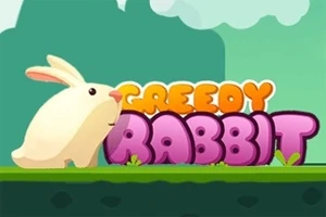 Fehér nyúl sétál színes GREEDY RABBIT felirat előtt zöld mezőn, háttérben stilizált fák