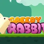 Fehér nyúl sétál színes GREEDY RABBIT felirat előtt zöld mezőn, háttérben stilizált fák