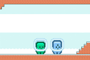 Két, űrhajós sisakot viselő, pixel art stílusú figura egy jeges platformon áll