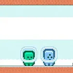 Két, űrhajós sisakot viselő, pixel art stílusú figura egy jeges platformon áll