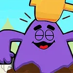 Lila, rajzfilmszerű figura mosolyog egy kalapács alatt