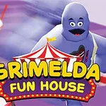 Egy lila, mosolygós karakter rohan előre, körülötte shake poharak, alul színes felirat: Grimelda Fun House