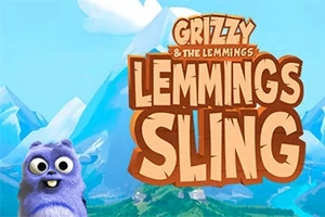 Egy hegyvidéki háttér előtt egy lila színű, mosolygó állat áll, mellette nagy betűkkel a Lemmings Sling felirat olvasható