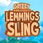 Egy hegyvidéki háttér előtt egy lila színű, mosolygó állat áll, mellette nagy betűkkel a Lemmings Sling felirat olvasható