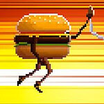 Éjszakai városban játszódó pixelgrafikus jelenet, ahol egy hotdog figura aranyérméket gyűjt épületeszelvények felett, GO!