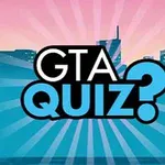 Sziluett-szerű városkép kék és rózsaszín háttérrel, közepén nagy GTA Quiz?