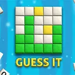 Egy kék háttér előtt zöld és fehér négyzetekkel kirakott mintázat, alatta „GUESS IT” felirattal, körülötte betűket tartalmazó kockák