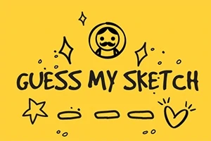 Sárga háttéren fekete rajzok és a Guess My Sketch felirat, csillag, szív és egy bajszos figura