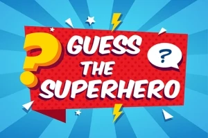 Piros háttér előtt Guess the Superhero felirat sárga kérdőjelekkel és villámokkal, kék sugárzó háttérrel