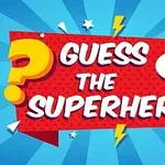 Piros háttér előtt Guess the Superhero felirat sárga kérdőjelekkel és villámokkal, kék sugárzó háttérrel
