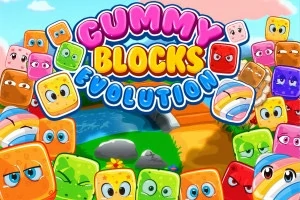 Színes, különböző arckifejezésekkel rendelkező gumicukor-szerű blokkok egy vidám, rajzfilmes táj előtt