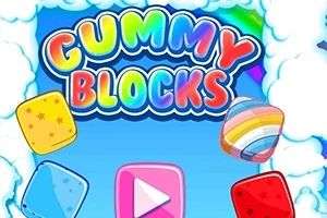 Színes betűkkel írt Gummy Blocks felirat felhők között és körülötte cukorkaformák