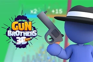 Egy kék, kalapos figurát látunk, aki egy pisztolyt tart, mellette a Gun Brothers 3D felirattal