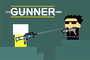 Két rajzfilmszerű figura szemben áll egymással, mindkettő fegyvert tart kezében, háttérben a GUNNER felirat