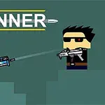 Két rajzfilmszerű figura szemben áll egymással, mindkettő fegyvert tart kezében, háttérben a GUNNER felirat