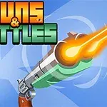 Egy fényes villanással tüzelő pisztoly és a Guns & Bottles felirat kék háttér előtt