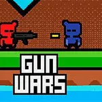 Két stilizált alak, egy piros és egy kék, szemben áll egymással zöld talajon, a piros figura fegyvert tart, középen a GUN WARS felirat