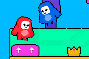 Két pixelart figura, az egyik piros, a másik kék, egy zöld platformon áll, mellettük egy arany korona