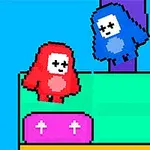 Két pixelart figura, az egyik piros, a másik kék, egy zöld platformon áll, mellettük egy arany korona