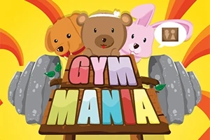 Három aranyos állatfigura - egy kutya, egy medve és egy nyúl - egy színes GYM MANIA felirat mögött állnak, háttérben stilizált súlyzóval és sárga háttérrel