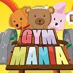 Három aranyos állatfigura - egy kutya, egy medve és egy nyúl - egy színes GYM MANIA felirat mögött állnak, háttérben stilizált súlyzóval és sárga háttérrel