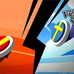 Két színes gömb csap össze, egyik piros-sárga, másik kék-sárga színű, a háttérben Fight to be Winner felirattal