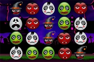 Színes, kerek arcok különböző jelmezekben, mint vámpírok, zombik és boszorkányok egy sötét háttér előtt