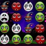 Színes, kerek arcok különböző jelmezekben, mint vámpírok, zombik és boszorkányok egy sötét háttér előtt