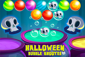 Színes buborékokkal teli háttér, amelyek között koponyák lebegnek, alul nagy betűkkel Halloween Bubble Shooter felirat