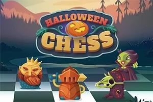 Színes sakktáblára helyezett halloween témájú bábuk, háttérben sötét erdővel és Halloween Chess felirattal