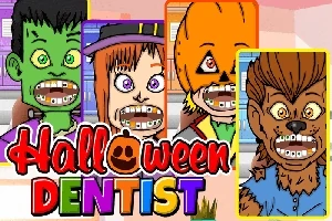 Négy rajzfilmfigura Halloween jelmezekben fogszabályzóval, színes háttérrel
